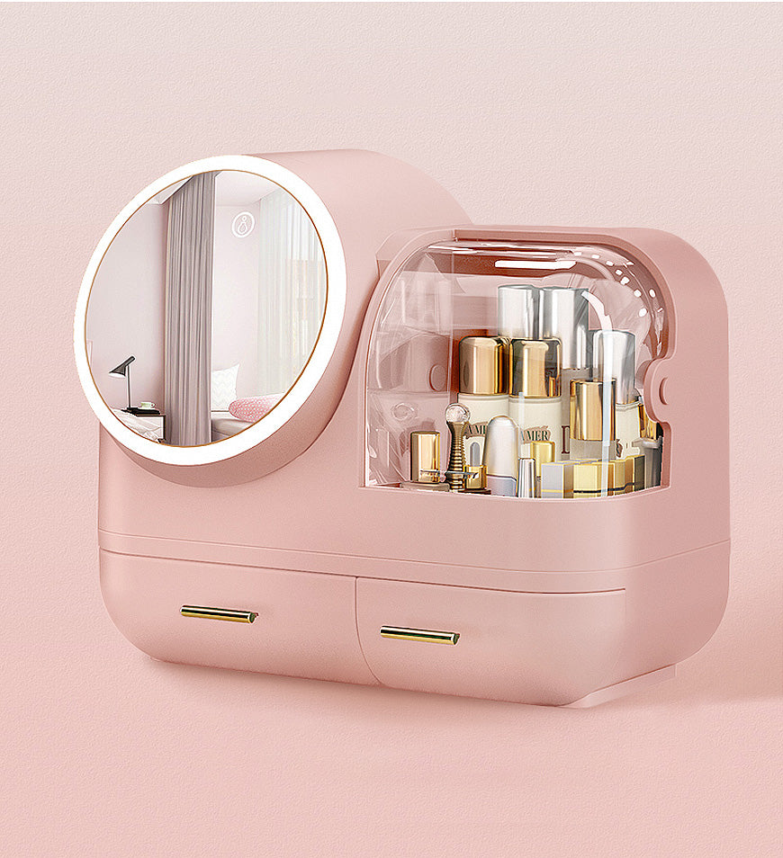 Joybos? Makeup Storage Organizer Box with  Led Lighted Mirror, Pink